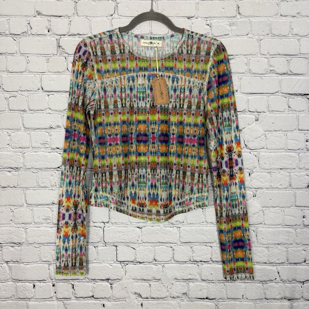 Natural Life Rebecca Mesh Long Sleeve Top Women Size M Multicolor Eclectic NEW